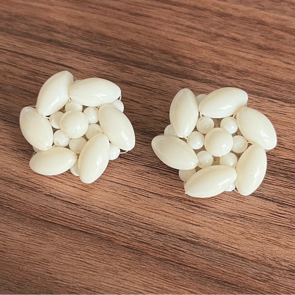 Vintage White Beaded Flower Earrings from Germany